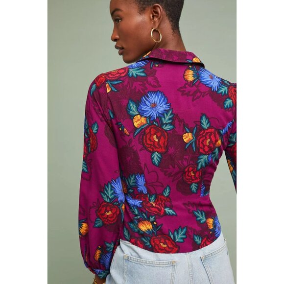 MOULINETTE SOEURS x ANTHROPOLOGIE Maisie Purple Floral Wrap Blouse Top, Size 4 - Picture 2 of 13